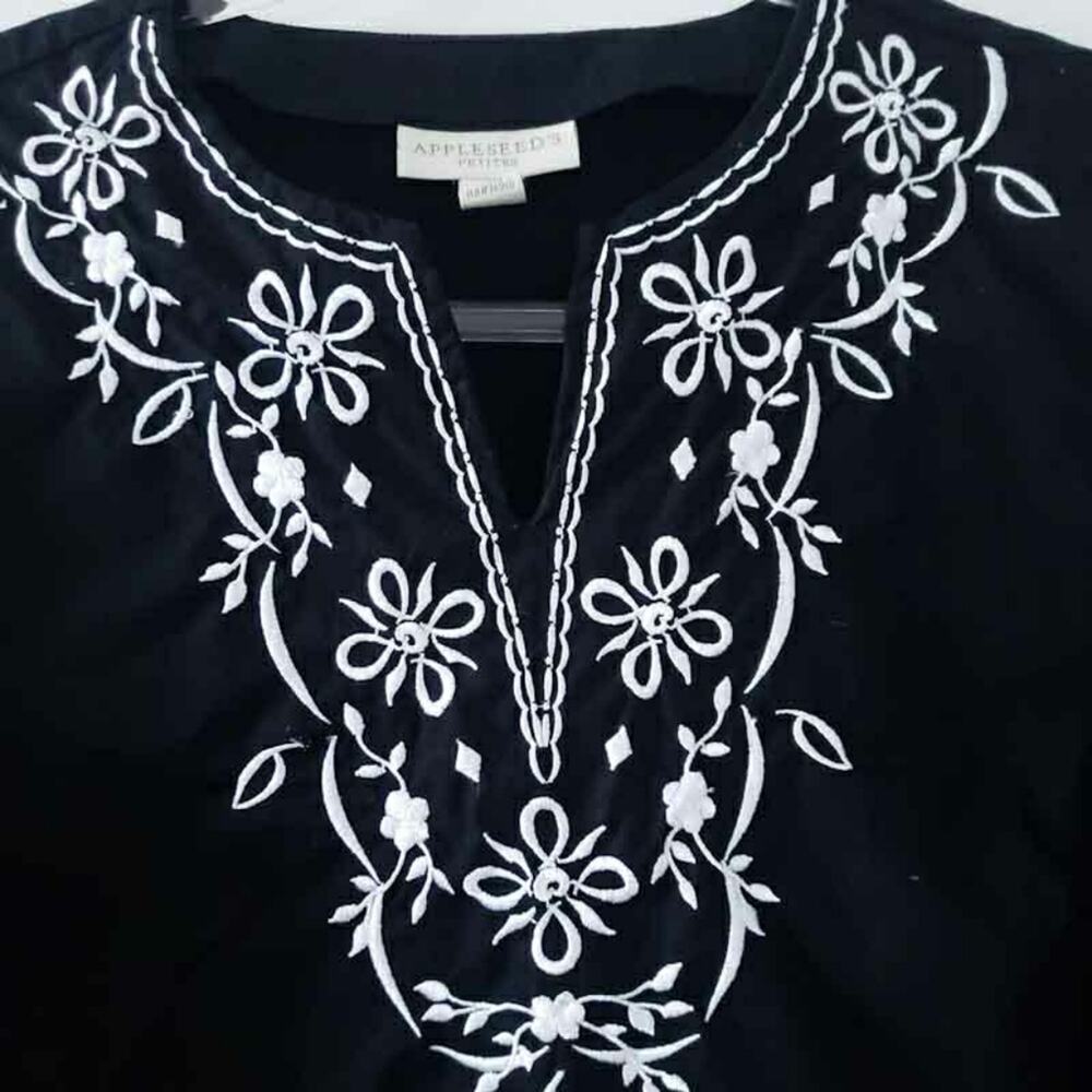 Appleseed's Black Tunic White Embroidery PS Petite, Cotton, 3/4 Sleeves, Neutral - Picture 2 of 4